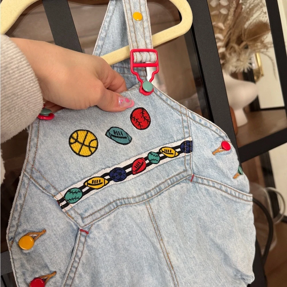 Vintage 90s Gymboree overalls denim embroidered football baseball colorful baby